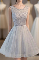Gray Tulle Beads Short Semi Formal Prom Dress, Gray Homecoming Dress